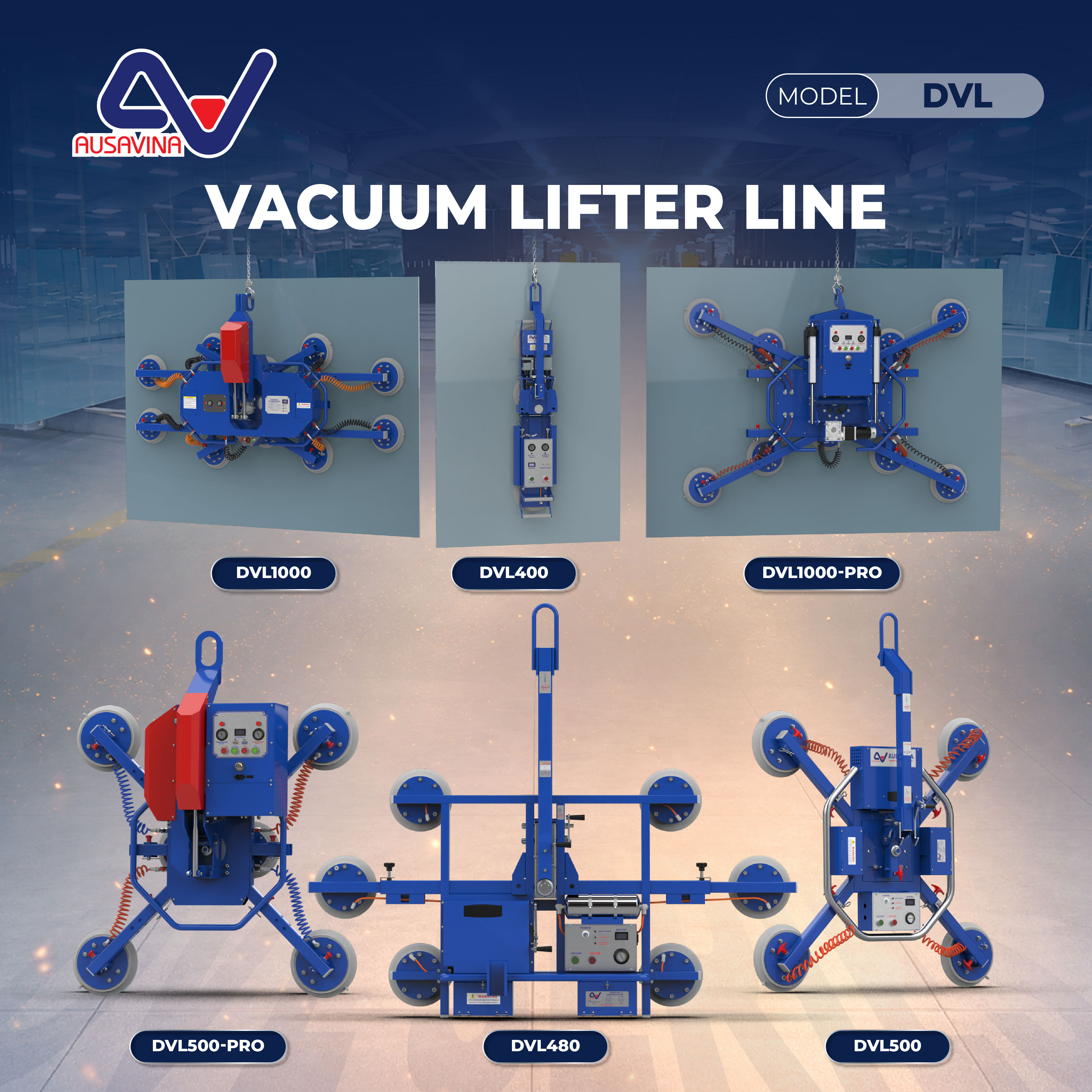 The DVL Series Vacuum Lifters by Ausavina offer heavy-duty, battery-powered vacuum lifting systems for industrial glass and stone slabs.